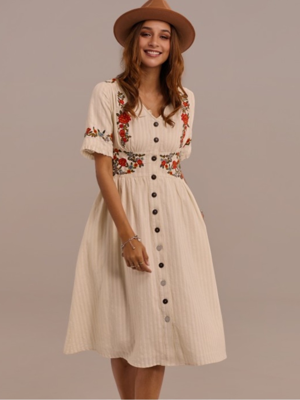 Petallush White Half Sleeve V Neck Cotton Embroidered Midi Dress NWT